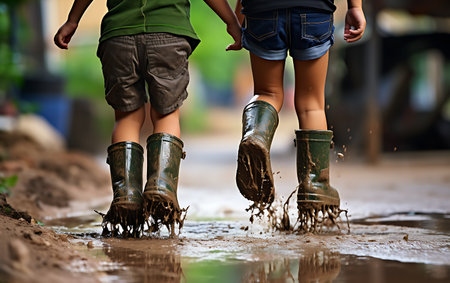 Close-up of two little girls in rubber boots playing in puddleの素材