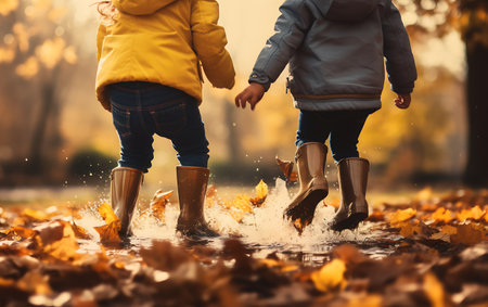 Close-up of two little girls in rubber boots playing in puddleの素材