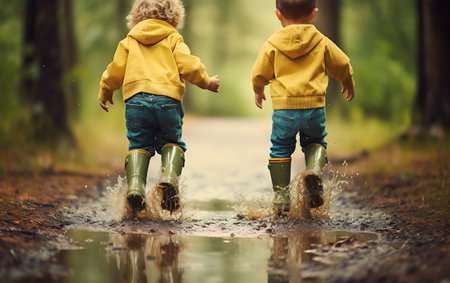 Close-up of two little girls in rubber boots playing in puddleの素材