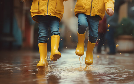 Close-up of two little girls in rubber boots playing in puddleの素材