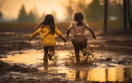 Close-up of two little girls in rubber boots playing in puddleの素材