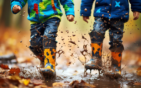 Close-up of two little girls in rubber boots playing in puddleの素材