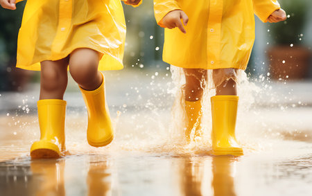 Close-up of two little girls in rubber boots playing in puddleの素材