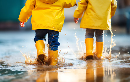 Close-up of two little girls in rubber boots playing in puddleの素材