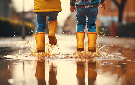 Close-up of two little girls in rubber boots playing in puddleの素材