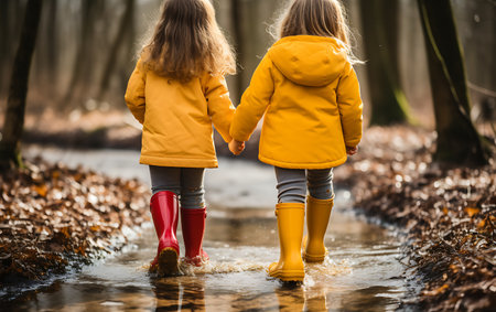 Two little girls in yellow raincoats and rubber boots standing in a puddleの素材