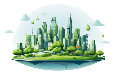 Green city with skyscrapers and green trees. Vector illustration.の素材