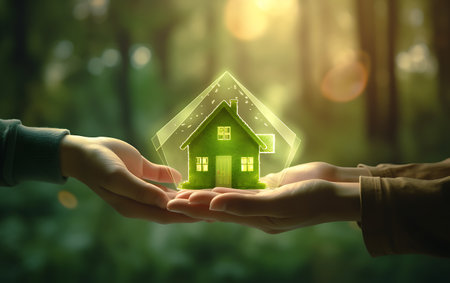 Hands holding house icon on nature background. Real estate concept.の素材