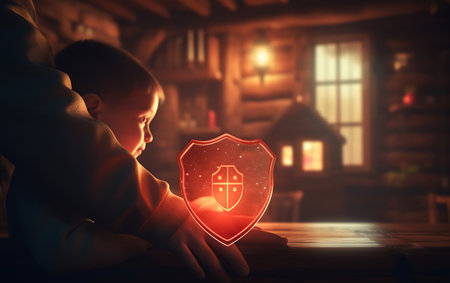 Boy with shield on dark background. Internet security concept. 3D Renderingの素材