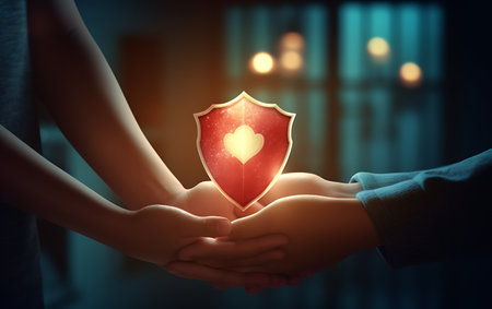 Close up of human hands holding heart shaped shield Concept of insuranceの素材