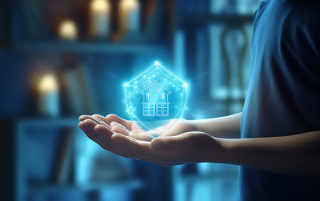 Close up of businessman hand holding house icon in palm. 3D renderingの素材