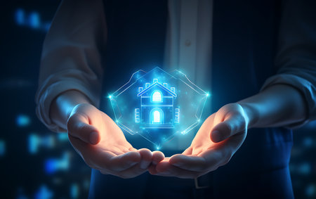 Close up of businesswoman hands holding virtual house hologram. 3D renderingの素材