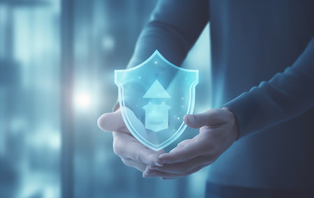 Close up of businessman holding virtual shield with house icon. Insurance conceptの素材
