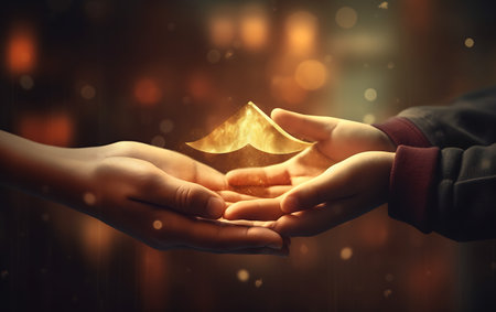 Close up of human hands holding lemon slice in palms with bokeh backgroundの素材