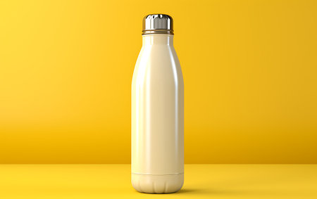 White plastic water bottle mockup on yellow background. 3d renderingの素材
