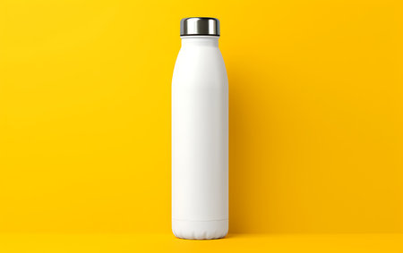 White plastic water bottle mockup on yellow background. 3d renderingの素材