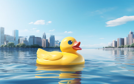 Illustration of a yellow rubber duck floating in the water on a sunny dayの素材