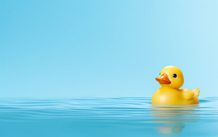 Illustration of a yellow rubber duck floating in the water on a sunny dayの素材