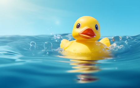 Illustration of a yellow rubber duck floating in the water on a sunny dayの素材