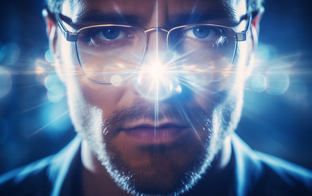 Portrait of a serious young man wearing glasses and looking at cameraの素材