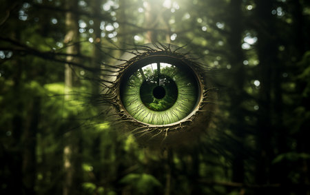 Eye in the forest. Green nature background. Selective focus.の素材