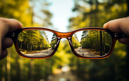 Fashionable sunglasses on a background of the forest. Selective focus.の素材