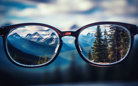 Glasses on the background of mountains and coniferous forest.の素材