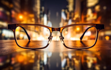 Glasses on the background of the city at night. Selective focus.の素材