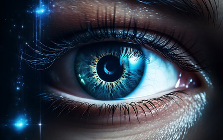 Close up of beautiful female eye with glowing iris. 3D renderingの素材