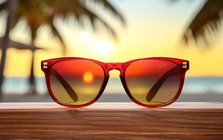 Sunglasses on wooden table over blurred tropical beach background. Summer holiday conceptの素材