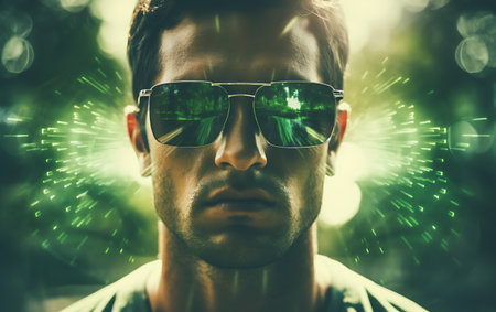 Close-up of young man wearing sunglasses against green bokehの素材