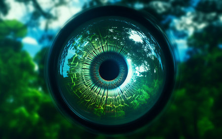 Close-up of the eye of a photographer in the forest.の素材