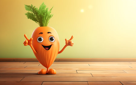 Carrot character on wooden floor with green wall background, 3d renderの素材