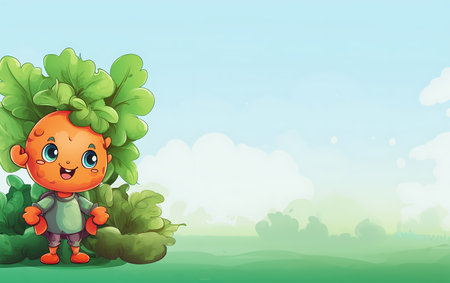 Cute boy with carrot on the nature background - illustration for childrenの素材