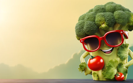 Funny broccoli character with sunglasses and tomato on green background. 3d renderingの素材
