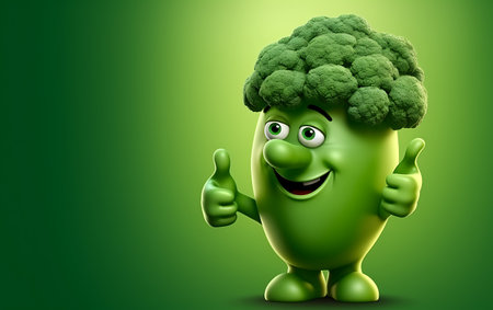 Vegetable character with thumbs up gesture and broccoli on green backgroundの素材