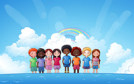 Group of children standing together. Diversity inclusion concept of happy kids in cartoon style.の素材