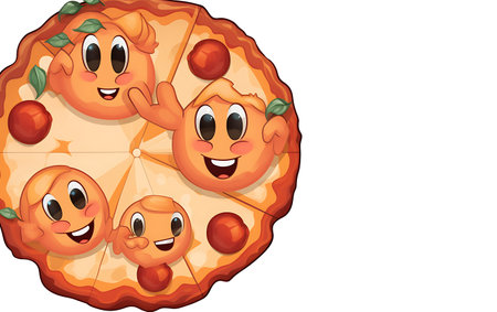 Illustration of a slice of pizza with smiling faces on a white backgroundの素材