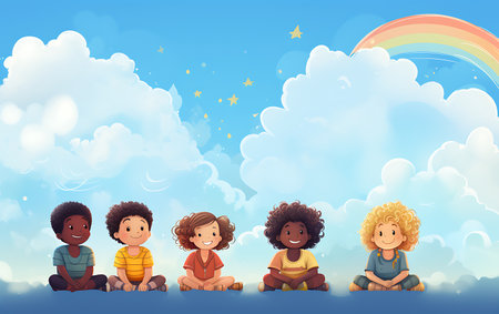 Group of children standing together. Diversity inclusion concept of happy kids in cartoon style.の素材