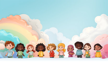 Group of children standing together. Diversity inclusion concept of happy kids in cartoon style.の素材
