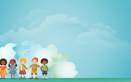 Group of children standing together. Diversity inclusion concept of happy kids in cartoon style.の素材