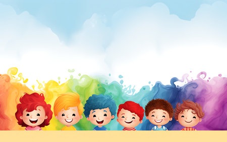 Group of children standing together. Diversity inclusion concept of happy kids in cartoon style.の素材