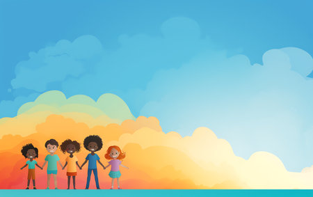 Group of children standing together. Diversity inclusion concept of happy kids in cartoon style.の素材