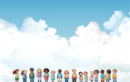 Group of children standing in the sky with clouds. Vector illustration.の素材