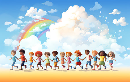 Group of children standing together. Diversity inclusion concept of happy kids in cartoon style.の素材