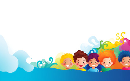 Illustration of a group of children playing in the water on a white backgroundの素材