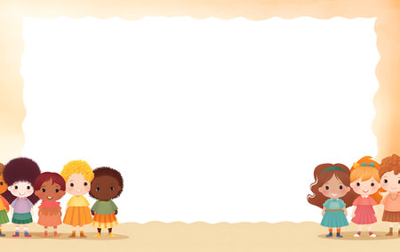 Group of children standing together. Diversity inclusion concept of happy kids in cartoon style.の素材