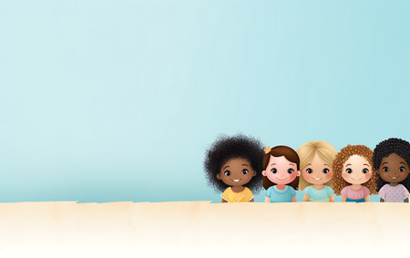 Group of children standing together. Diversity inclusion concept of happy kids in cartoon style.の素材