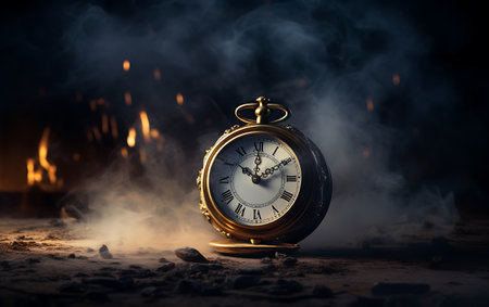 Time concept. Old vintage pocket watch on dark toned foggy background. selective-focusの素材