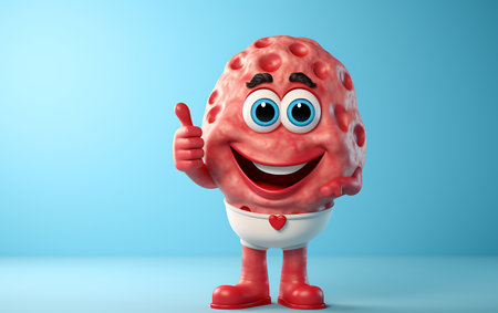 Cartoon character of human brain with thumbs up gesture on blue backgroundの素材